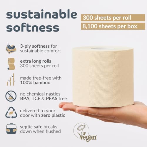 Bumboo Bamboo Toilet Roll 24 Pack | Unbleached Toilet Paper 3 ply, 300 Sheets | Eco Toilet Rolls | Plastic-Free, Soft, Strong & Sustainable Toilet Tissue, Beige