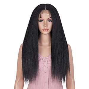 Joedir 24″ Long Yaki Straight Wig T Part Kinky Straight Human Hair Feeling Synthetic Wig Deep Part HD Transparent Lace Pre Plucked with Baby Hair Wigs for Black Women(Black Color)