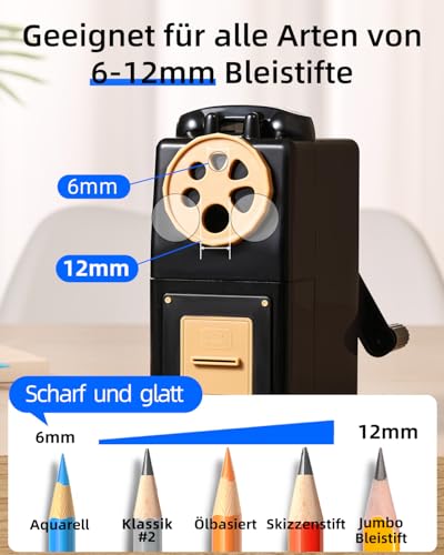 ZMOL Manueller Kurbe Anspitzer für Buntstifte, 6 Größen für 6-12 mm Buntstifte Anspitzer mit Einstellbare Spitze, für Kinder, Studentin, Klassenzimmer, Zuhause/Büro/Schule, Schwarz.