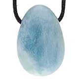 Lebensquelle Plus Aquamarin Tropfenanhänger | Gebohrter Trommelstein Anhänger mit Baumwollband | Hochwertiger Edelsteinanhänger