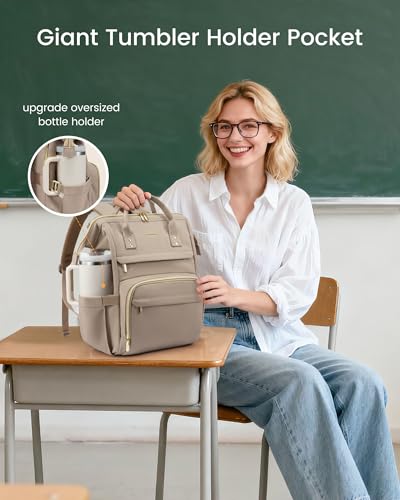Image of LOVEVOOK Laptop Backpack for Women with Giant Tumbler Holder Pocket,17 inch Waterproof Travel Backpack Purse Computer Laptop Bag,Large Professional Work College Nurse Teacher Backpack,Beige Apricot