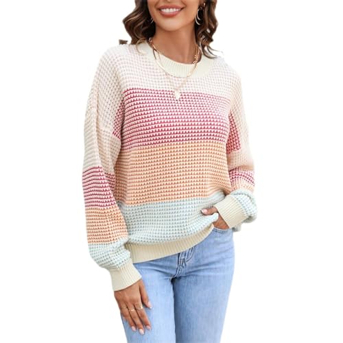 Women's Colorful Stripe Sweater 2023 Fall Long Sleeve Crew Neck Color Block Casual Knitted Pullover Tops
