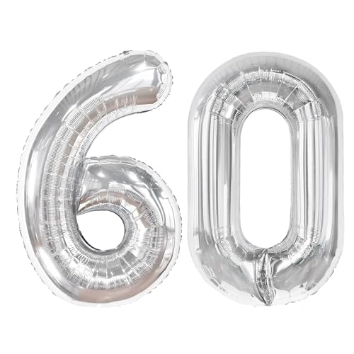 Image of Silver Number 60 Balloon 40 inch, 60 Number Balloons, 60th Silver Birthday Decorations, 60 Year Old Women Men Silver Party Supplies