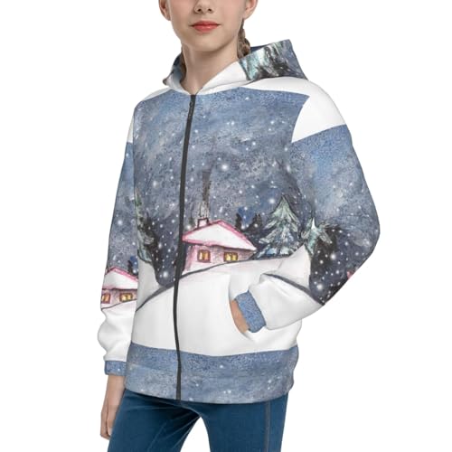 Watercolor Winter Landscape For Christmas Kid Hoodies Boys Zip Up Sweatshirts Girls Pullover with Pocket