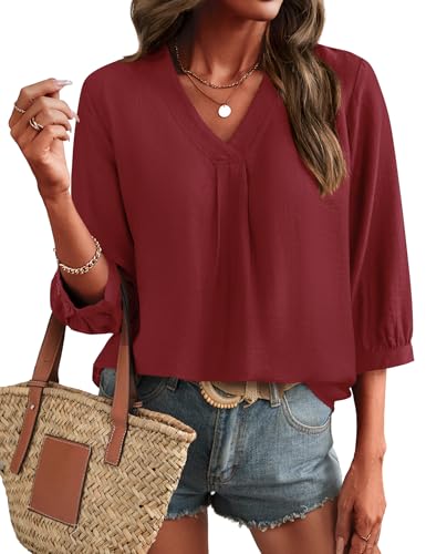 Image of LOMON Womens 3/4 Sleeve V Neck Boho Peasant Blouses Dressy Casual Breathable Soft Tunic Tops with Button Cuffs Wine Red
