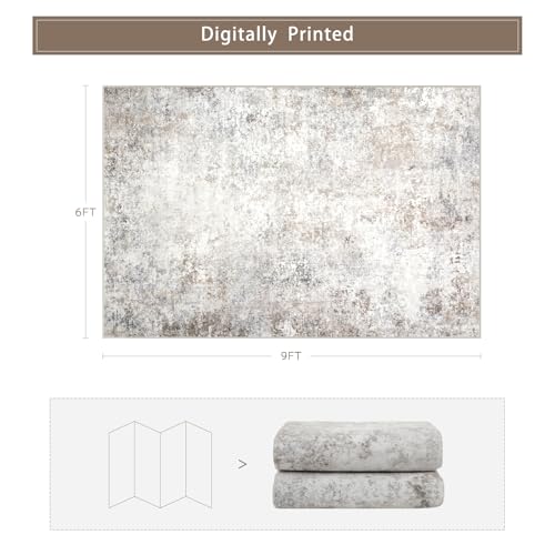 Washable Rugs 6x9 Area Rugs for Living Room,Modern Abstract Rugs for Bedroom,Large Carpets,Ultra Soft Faux Wool Retro Dining Room Rug,Non Slip&Non-Shedding Low Pile Print Rug- Beige Grey