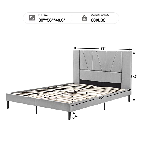 Flolinda Full Size Bed Frame Upholstered Platform With Complete Headboard And Strong Wooden Slats, No Box Spring Needed, Easy Assembly,Grey #TOP1