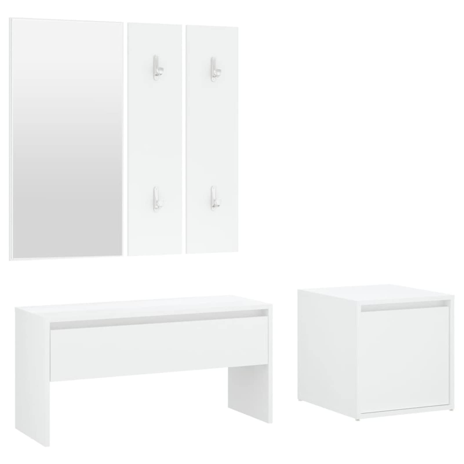 Banco de Entrada con Espejo y Perchero - Madera Contrachapada, Blanco, para Decoración y Almacenaje