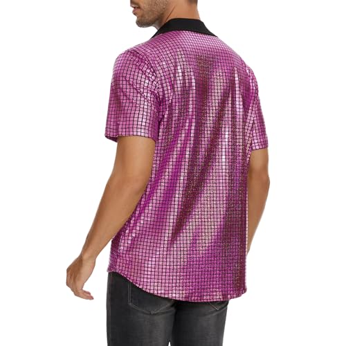Image of Zando Men's Sequin 70s 80s Disco Shirt - Retro Short Sleeve Button Up Costume Halloween New Year Party Outfit Top & Clubwear