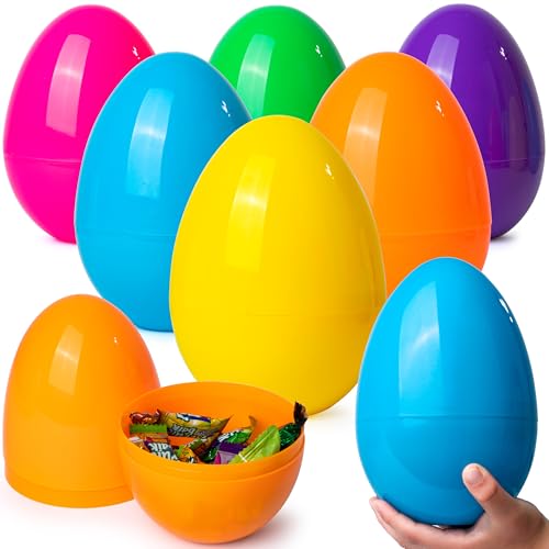JOYIN 6 huevos de Pascua jumbo, huevos vacíos de plástico de 7 pulgadas, huevos de Pascua grandes en diferentes colores brillantes para la búsqueda de huevos de Pascua, juguetes, golosinas para