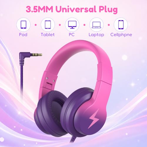 Image of Candy Bila Kids Headphones, Wired Headphones for Kids Over Ear with Microphone, 85 /94dB Volume Headphone for Girls Boys, Foldable Headphone for Learning & Entertainment, Deep Purple and Pink