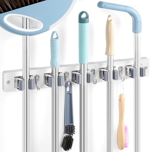 White Broom Holder Wall Mount - Heavy Duty Wood Mop and Broom Organizer with 5 Slots & 4 Hooks - Garden Tool Hanger for Laundry Room Closet Kitchen Garage Storage and Organization - Modern Home Decor