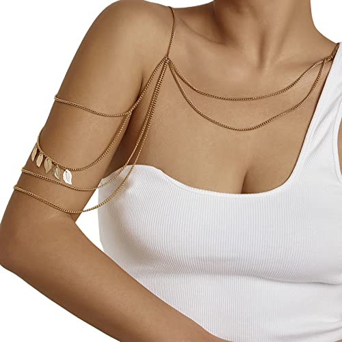Bohemian Shoulder Chain Necklace Layered Upper Arm Chain Bracelet Tassel Leaf Shoulder Chain Summer Bikini Body Chain Jewelry For Women (Gold) #TOP4