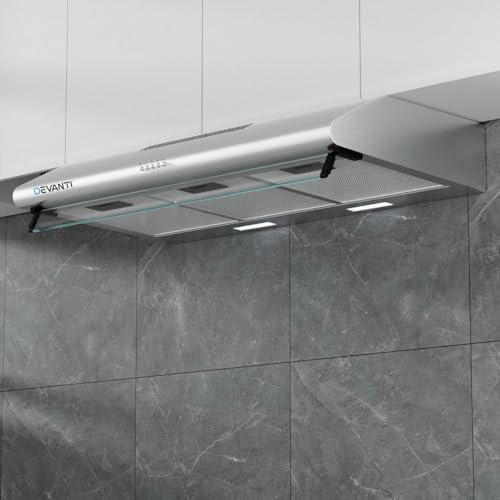 Devanti Range Hood 90cm 900mm Wall Mount Canopy, Stainless Steel Recirculating Duct Kitchen Ventilation, 3 Speed Exhaust Fan Aluminium Filters LED Lights Silver