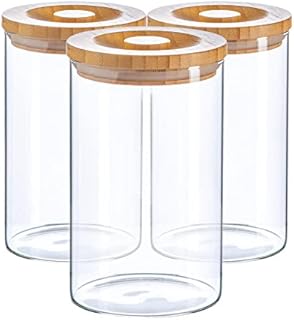 Argon Tableware 3 Piece Glass Jar with Wooden Lid Storage Container Set - Round Scandinavian Style Airtight Canister - 1 Litre