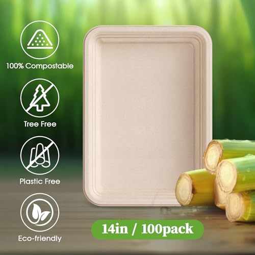 ECOLipak 100 Pack 14 Inch Disposable Food Crawfish Trays, Compostable Large Paper Plates, Disposable Thanksgiving Trays for Serving Food, Turkey, BBQ, Seafood Boil Party Supplies(Nature) by ECOLipak - Image 5