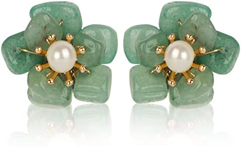 ELEXIS Green Real Jade Stud Earrings For Women Trendy Crystal Gemstone Betsey Johnson Unique Van Cleef Dainty Emerald Jewelry Set For Girls Bling Daisy