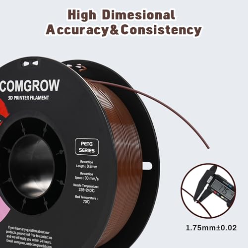 Image of Comgrow PETG 3D Printer Filament 1.75mm, High Precision and Tough 3D Printer Filament 1kg (2.2LBS), Dimensional Accuracy + /- 0.02 mm, Fit Most 3D Printers Coffee