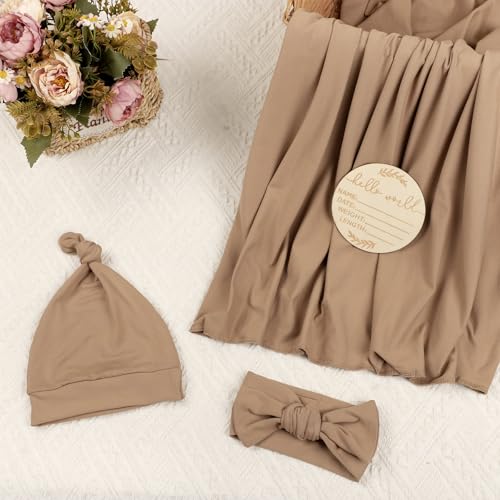 Image of TANOFAR 4-Pack Newborn Swaddle Blanket for Baby Girls & Boys, Ultra Soft Receiving Blankets with Matching Headband and Beanie Set Baby Nursery Swaddle Wrap (Brown)