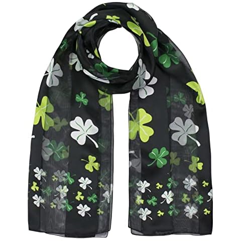 St. Patrick Clover, Shamrock Print Satin Stripe Scarf, Black Cover