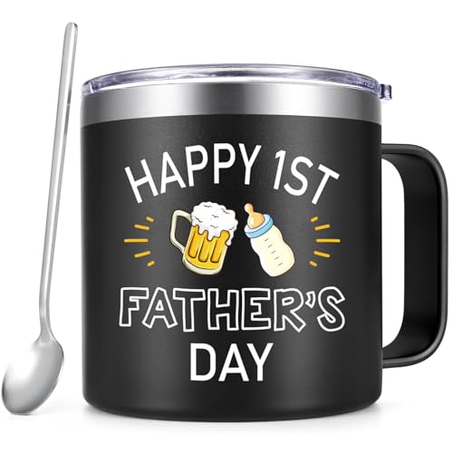Qtencas New Dad Gifts, First Time Dad Gifts, Happy 1st Father's Day Insulated Stainless Steel Coffee Mug, First Fathers Day Present to be New Daddy from Wife Kids, 14 oz Black