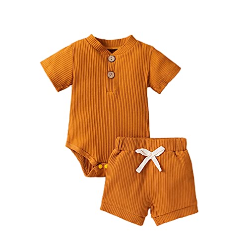 Image of Baby Boy Outfits Newborn Clothes Short Sleeve Waffle Romper Casual Shorts Infant Baby Boy's Clothing Sets (F Yellow, 3-6 Months)