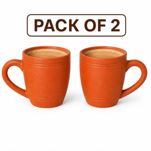 Image of Clay Coffee Mugs Set of 2 with Handle | Handmade Terracotta Tea Cups 375 ml | Natural Earthen Kulhad Mug for Tea, Coffee, Milk & Beverages | Eco-Friendly Mitti Cup Set for Home & Office Use
