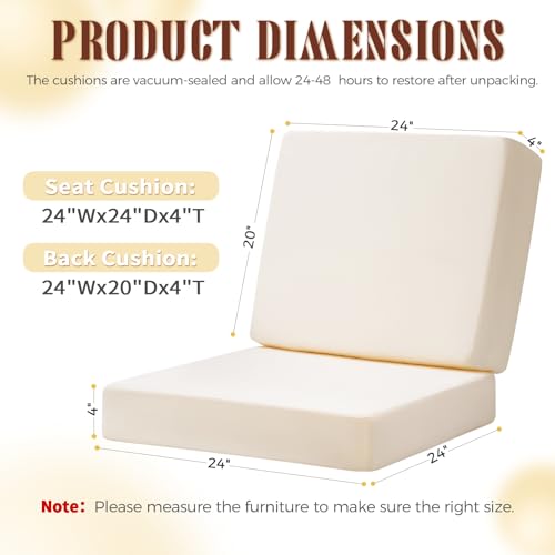 Image of Deep Seat Patio Cushions Set of 2, 24x24 Inch Waterproof & Fade Resistant Outdoor Chair Cushions, Thick Padded Replacement Sofa Cushions for Garden Yard Furniture
