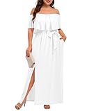 Plus Size White Off The Shoulder Maxi Long Casual Beach Dress Pockets Women