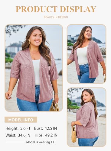 Image of Eytino Plus Size Cardigan for Women Half Sleeve Knitted Jacquard Summer Kimono Cover up Tops(1X-5X)