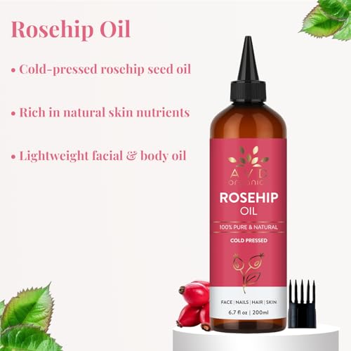 Image of AVD ORGANICS Rosehip Oil for Face 6.7 fl oz - 100% Pure & Natural Cold-Pressed | Rose hip Oil for Face, Skin, Hair, Scalp & Nails | 200 ML
