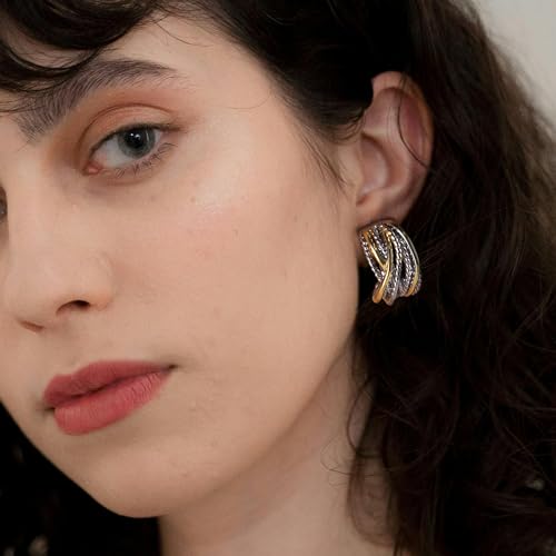 Two Tone Huggie Hoop Earrings Cross Over Design Twisted Rope Silver Gold Statement Wide Band Clip On Hoops for Women Fashion Jewelry Gift3