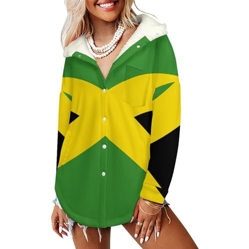 Veste polaire femme longue drapeau jamaïcain jaune et vert à capuche chaude asymétrique