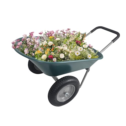 Wheelbarrow Garden Cart, Heavy Duty Home Utility, Dual-Wheel Home Garden Yard Utility Wheelbarrow Cart with Built-in Stand, Green
