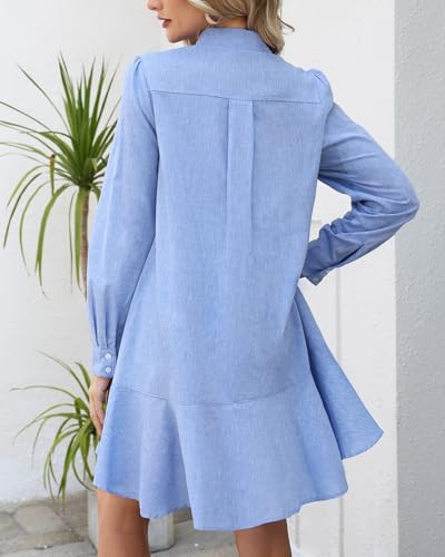 Image of YEXPINE Women's Tunic Mini Shirt Dress Cotton Linen Long Sleeve Button Up Ruffle Hem Loose Casual Summer Pockets Shift Dress