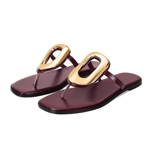 Image of Wnshonzy Flip-Flops for Women Thong Sandals Flat Slip on Slides Beach Comfort Open Square Toe Ladies Slipper Dressy Metal Hardware Decoration Summer Shoes Casual Fashion