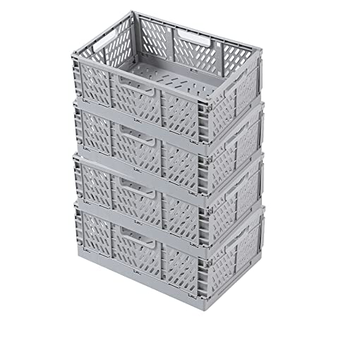 Ygapuzi Plastic Collapsible Crate Folding Storage Basket with Handle for Shelves Home Kitchen Classroom and Office Vanity Bathroom Organization Drawer Clapboard Partition (Gray-4pack)
