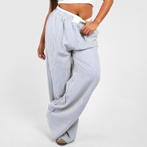 Owl's-Yard Women Y2K Stripe Print Pants Elastic Waist Dreawstring Wide Leg Trousers Striped Casual Lounge Pants with Pockets3