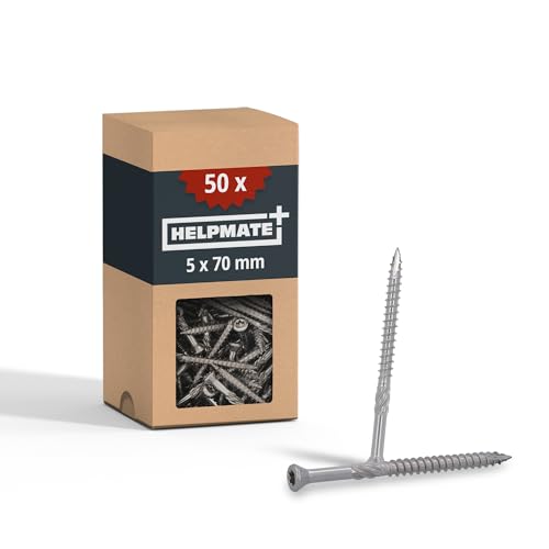 HELPMATE Set of 50 deck screws 5 x 70, made of A2 stainless steel, with 1 T25 bit, for deck boards, for outdoor use (construction of decks, garden sheds, wooden structures, etc.)