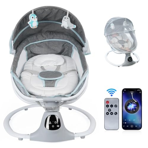 Image of VOCUFU Electric Baby Swing for Infants to Toddler, 12 Music, Remote Control and Bluetooth, Portable Swing for Baby Boy Girl with 5 Swing Speed, Gray