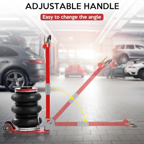 Rengue 3 Ton Air Jack 6600 lbs Heavy Duty Pneumatic Triple Bag Jack with Grip Guard, Fast 3s Lift up to 15.7\", Adjustable Long Handle & Rubber Rollers for Cars, SUVs, and Trucks Red