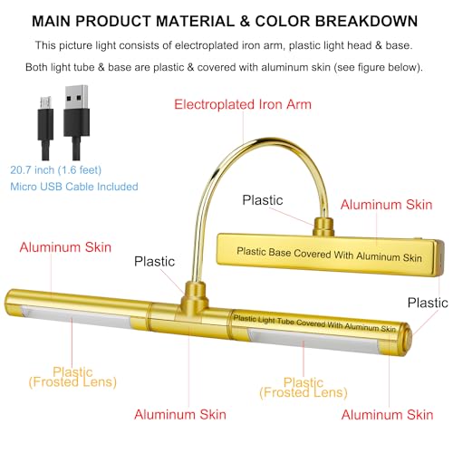 Image of LUXSWAY Picture Lights for Paintings,Art Light,Dimmable Preset Timer Off Display Light for Portrait,Dart Board,Gallery,Showroom-Gold Color