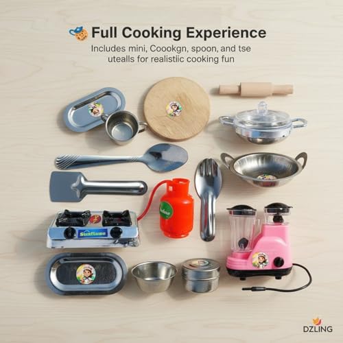 Image of DZLING Kids Steel Kitchen Set Toys, Traditional Indian Cooking Playset with Utensils, Gas Stove, Blender, Chakla Belan Accessories, Role Play Pretend Cooking Toy for Boys & Girls (Medium Kitchen)