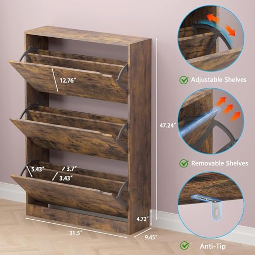 Image of BORNOON Shoe Cabinet with 3 Flip Drawers, Hidden Wood Shoe Cabinet,Freestanding Shoe Storage Cabinet for Entryway Hallway