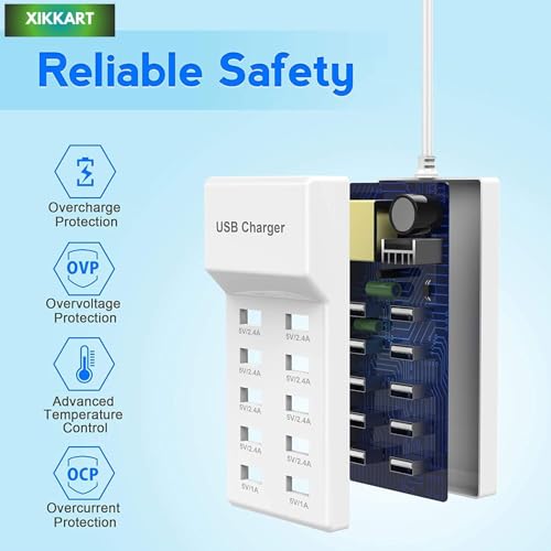 Image of USB Charger Hub, 10 Port Charging Station with Turbo Charging Auto Detect Technology Safety Guaranteed 10-Port USB Ports for Multiple Devices Smart Phone Tablet Smart Watch