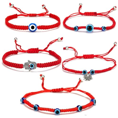 5pcs Hamsa Hand Evil Eye Bracelet Kabbalah Protection Handmade Red String Adjustable Bracelet Good Luck Minimalist Jewelry for Women Men