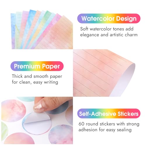 160 Stück Aquarell Briefpapier mit Umschlag Set, 50 Stück Briefumschläge mit 50 A5 Briefpapier Liniert & 60 Runde Klebepunkte, Schönes Briefumschläge Set für Liebesbriefe, Geburtstag & Dankeskarten