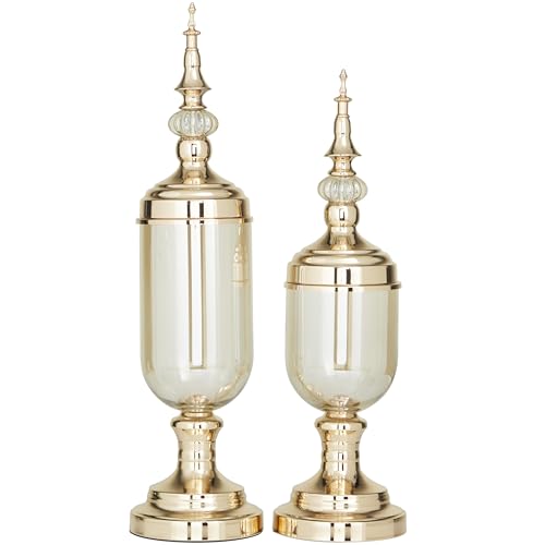 CosmoLiving by Cosmopolitan Metal Living Room Decorative Jars Decorative Container with Finial Lids, Set of 2 Jar with Lid 22", 19"H, Gold by CosmoLiving by Cosmopolitan - Used condition - US$54.72
