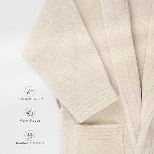 Image of American Soft Linen Women's Fleece Bathrobe - Luxury Soft, Plush, Fuzzy & Warm Turkish Robe for Women, Cozy Spa Quality Adult Bathroom Lounge Robe, Beige M