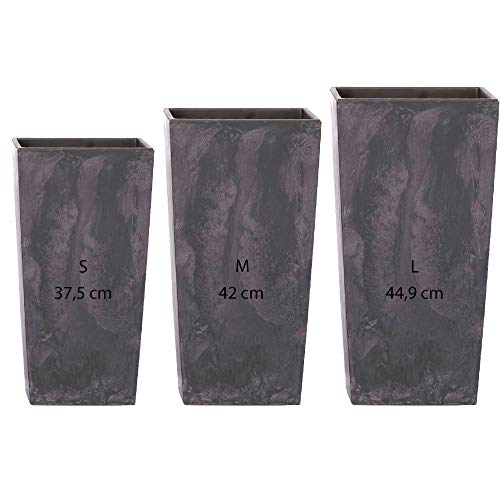 Pack 3 macetas altas Prosperplast (11,4/16,3/19 litros) Urbi Square Effect de plastico en color antracita con deposito.